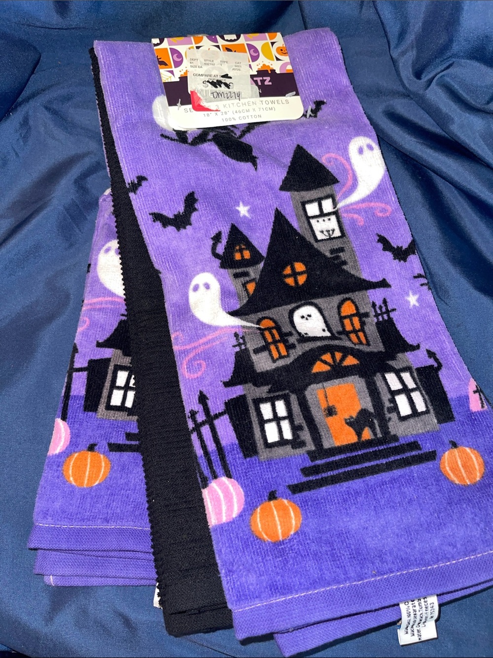 3 Pack Halloween Haunted House Kitchen Towels - Purple & Black